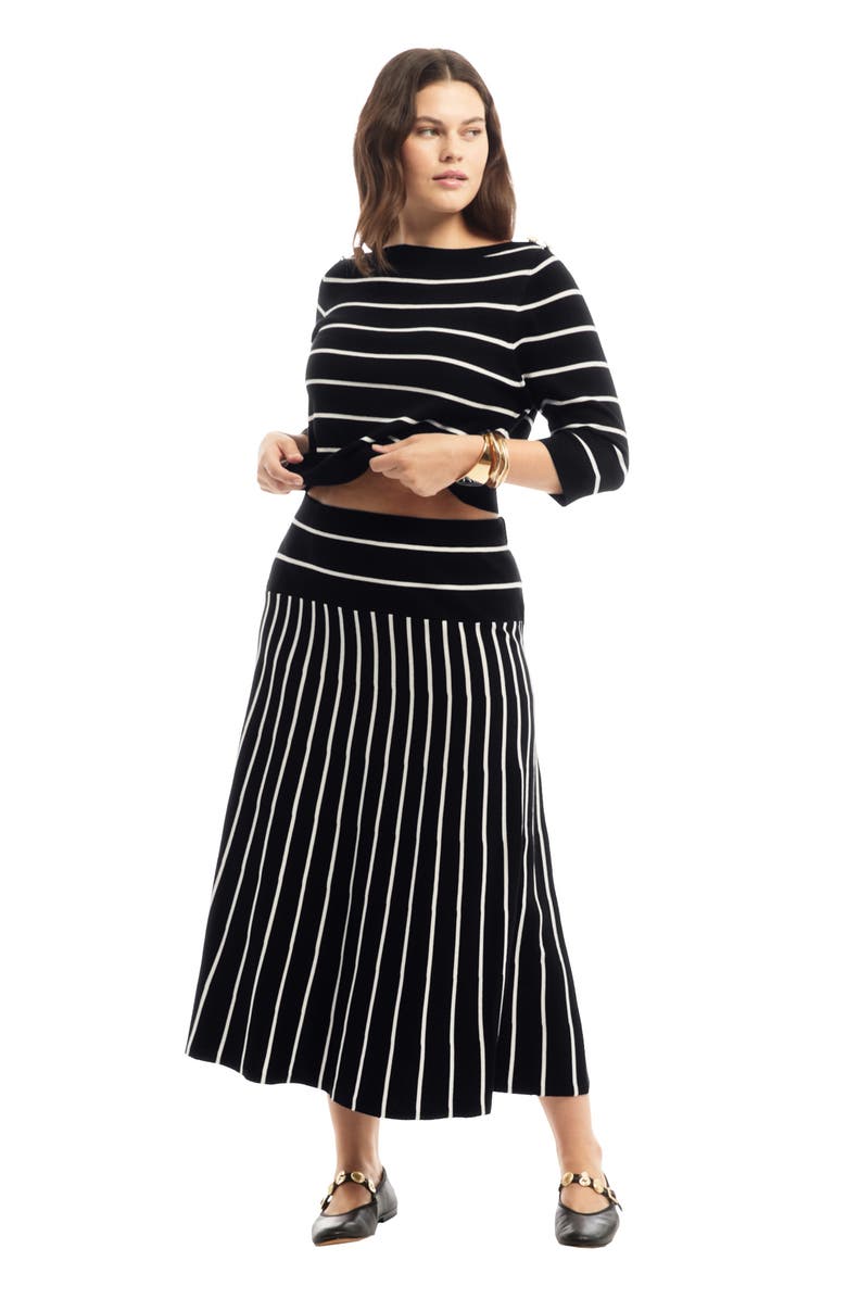 June + Vie Striped Knit Midi Skirt, Main, color, Black Onyx Stripe
