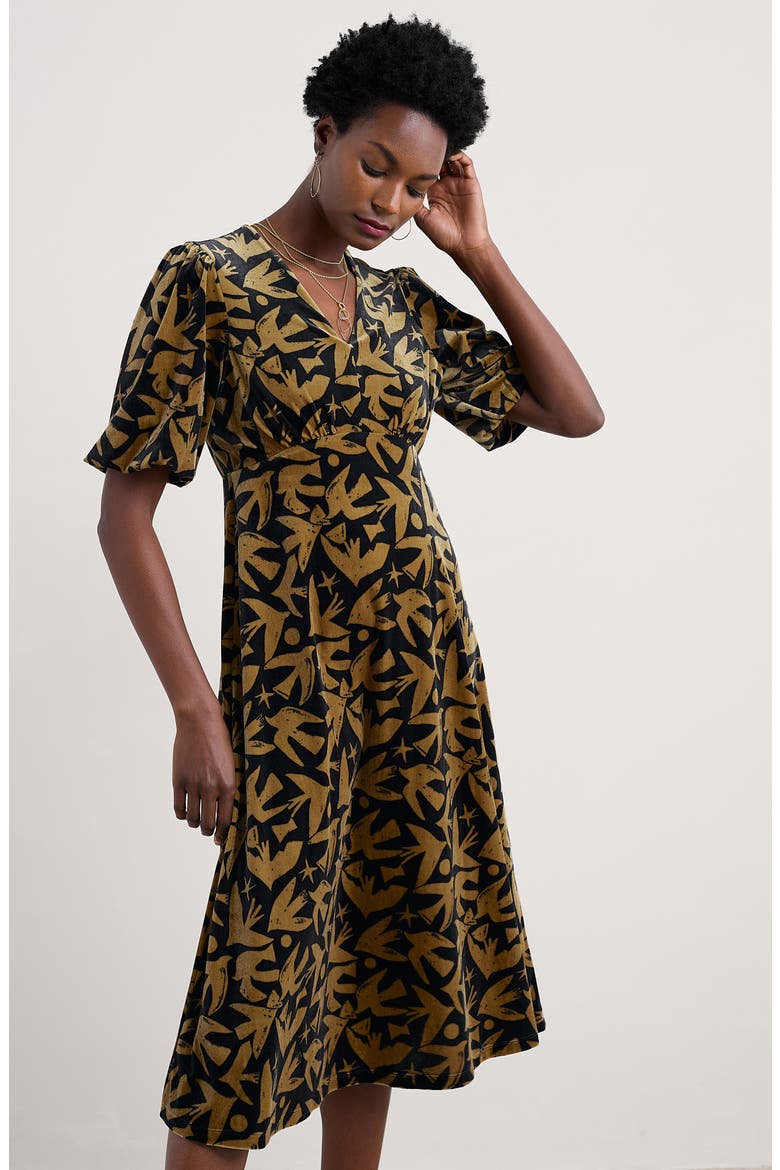 Hendra Floral Print Puff Sleeve Velvet Dress, Alternate, color, PAPER BIRDS ONYX