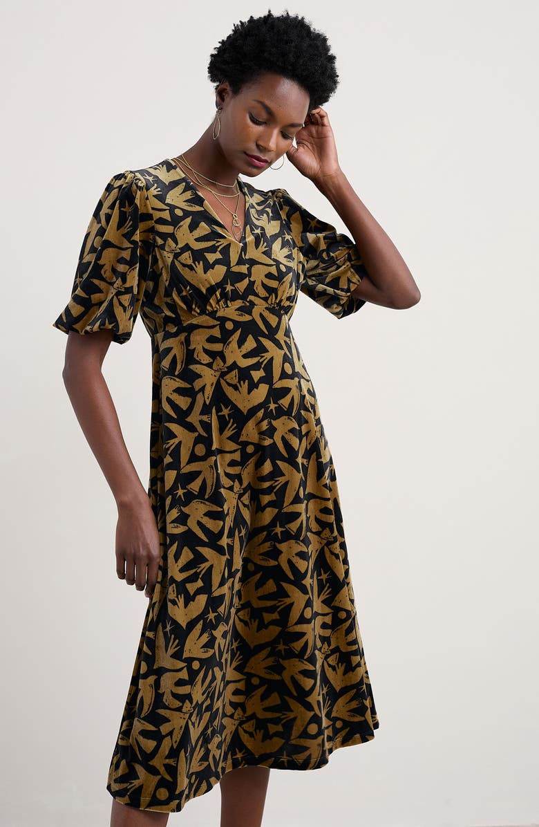 Seasalt Cornwall Hendra Floral Print Puff Sleeve Velvet Dress, Alternate, color, Paper Birds Onyx