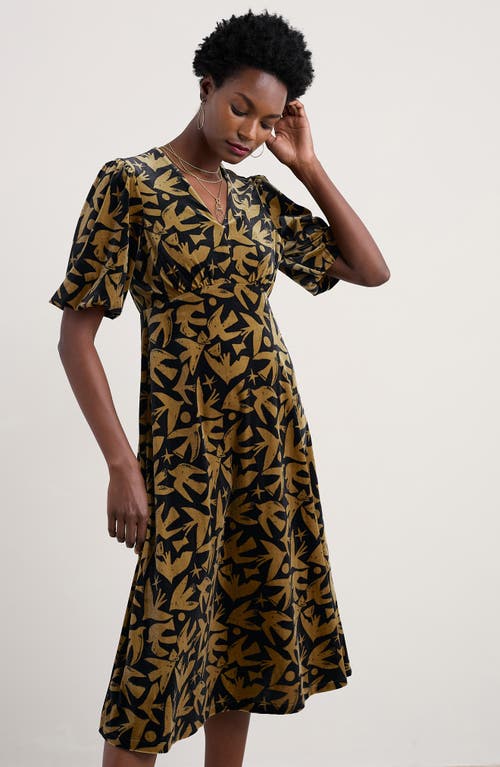 Seasalt Cornwall Hendra Floral Print Puff Sleeve Velvet Dress In Brown