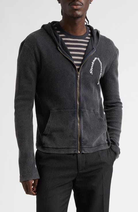 Waffle Stitch Cotton & Linen Zip Graphic Hoodie