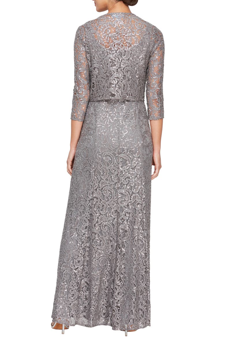 Alex Evenings Two-Piece Sequin Lace Gown & Jacket, Alternate, color, Charcoal