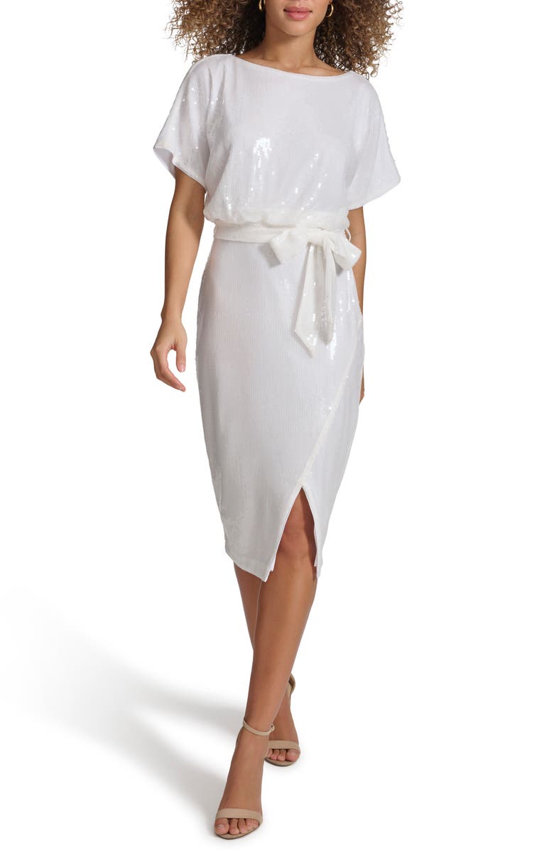 Kensie Sequin Mesh Tie Waist Dress, Main, color,