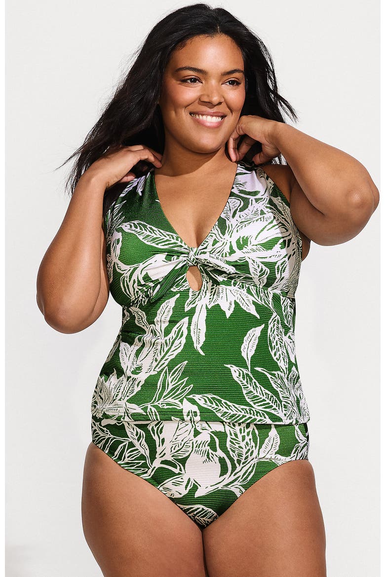 Shine Ribbed Tankini Top and High Waisted Bottom Swimsuit Set, Main, color, Green Etched Leaves Shine