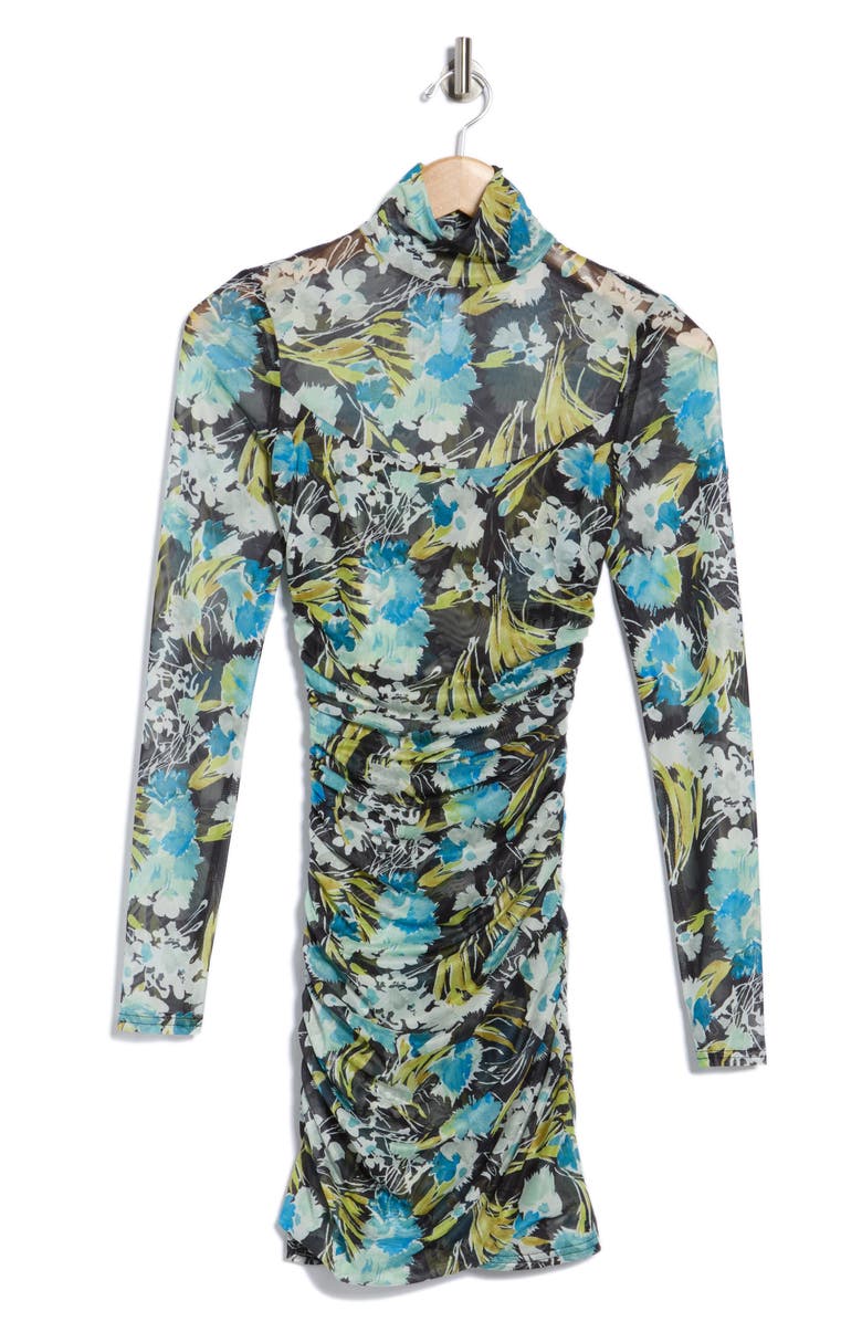 Cinq à Sept Harper Floral Long Sleeve Ruched Mesh Minidress, Alternate, color, Obsidian Multi