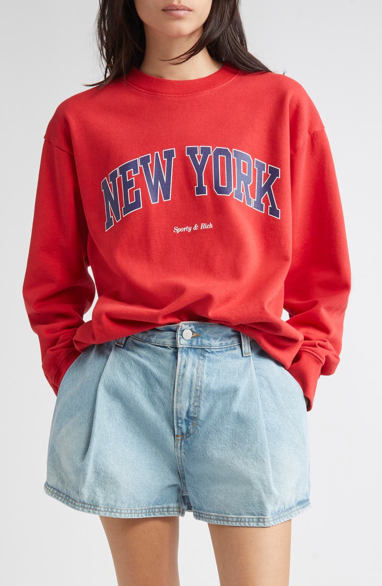 Sporty & Rich New York Ivy Cotton Crewneck Sweatshirt, Main, color,
