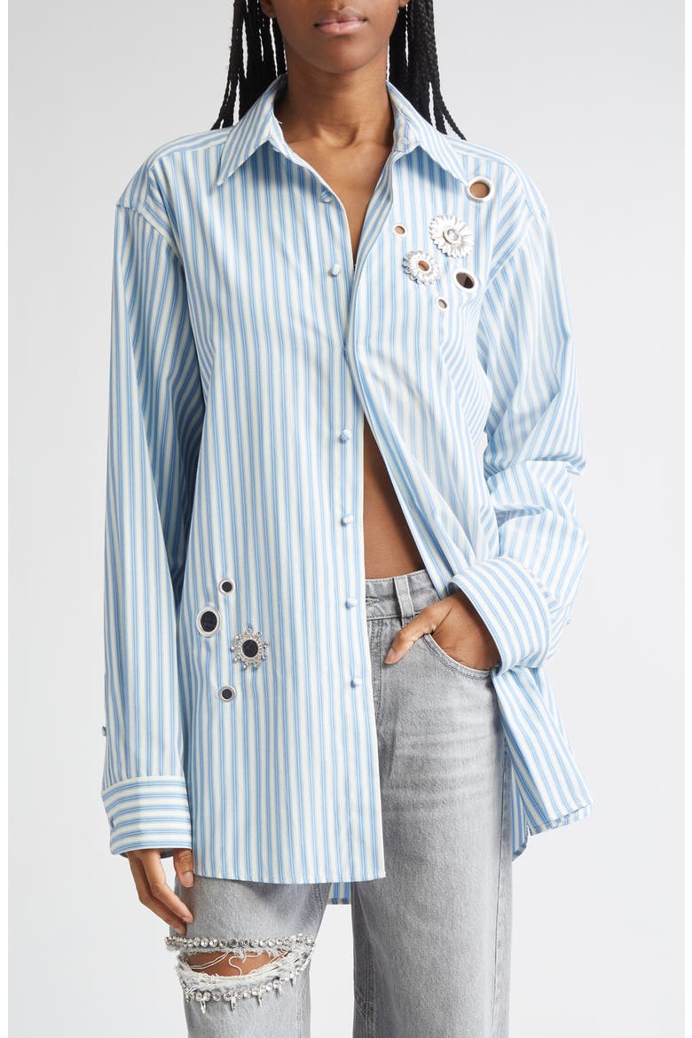 Crystal Embellished & Grommet Stripe Poplin Button-Up Shirt, Main, color, WHITE/ BLUE