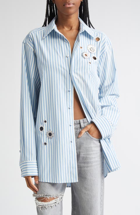 Crystal Embellished & Grommet Stripe Poplin Button-Up Shirt