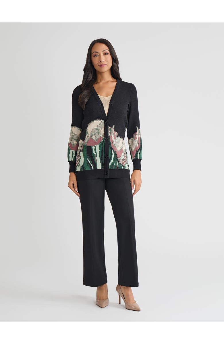 Misook Relaxed Floral Jacquard Knit Cardigan, Alternate, color, Black, Floral