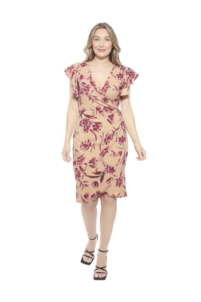 Womens Essential Flutter Sleeve Faux Wrap Knee Length Dress, Main, color, Beige Multi