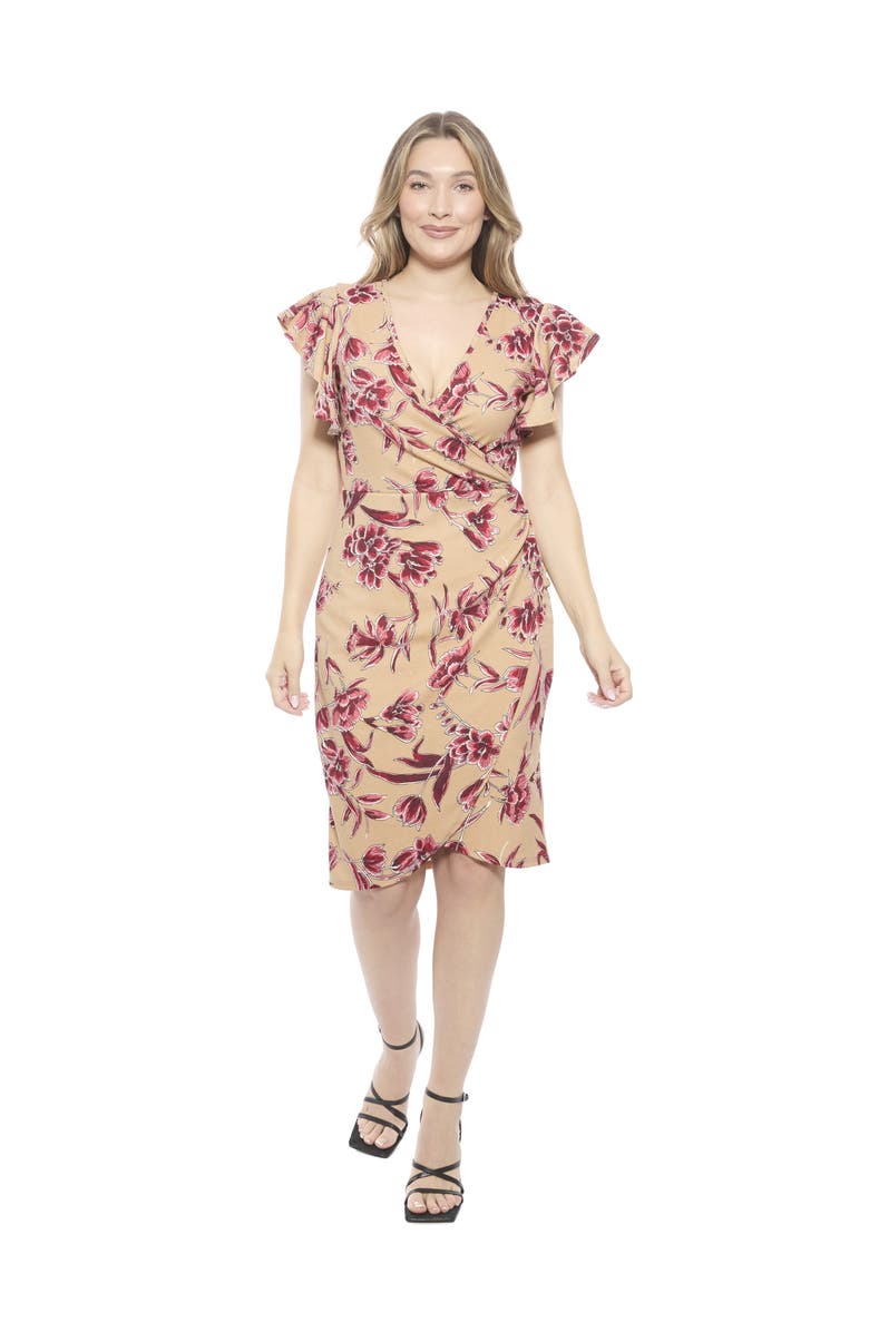 24seven Comfort Apparel Womens Essential Flutter Sleeve Faux Wrap Knee Length Dress, Main, color, Beige Multi