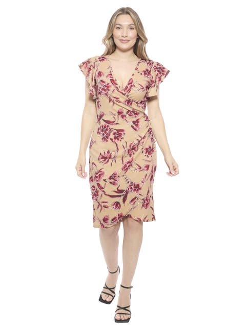 Womens Essential Flutter Sleeve Faux Wrap Knee Length Dress