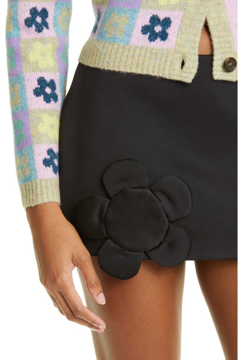 Leaf Floral Appliqué Satin Micro Miniskirt, Alternate, color, BLACK