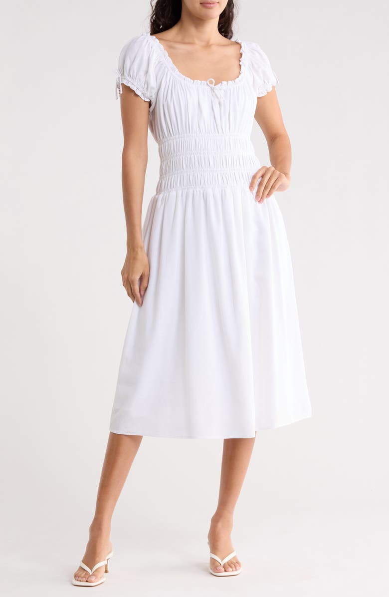WAYF Smocked Midi Dress, Main, color, Ivory