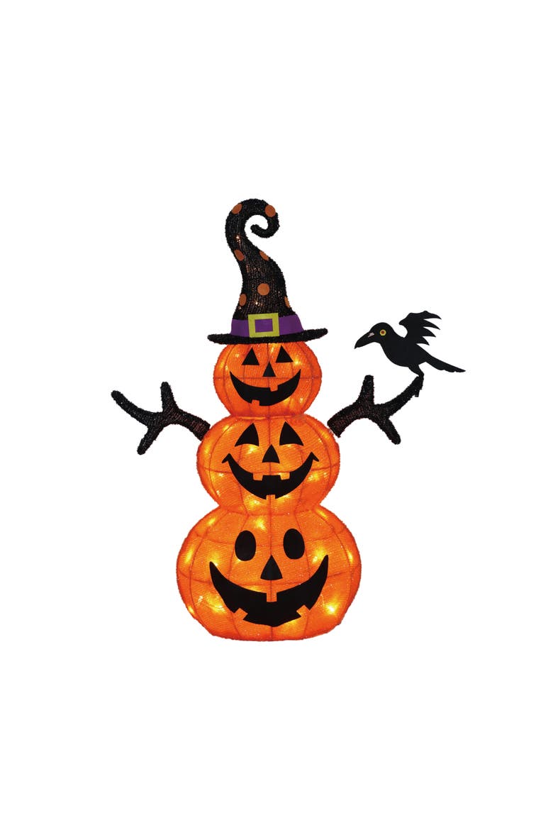 Stack of 3 Jack-o-Lantern Pumpkins with Witch Hat Halloween Light Up Decoration, Main, color, White