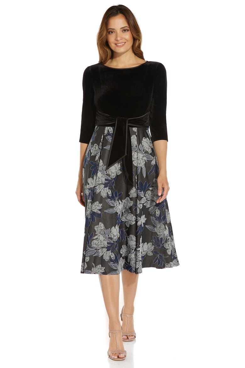 Velvet & Metallic Jacquard Cocktail Dress, Alternate, color, NAVY/ BLACK