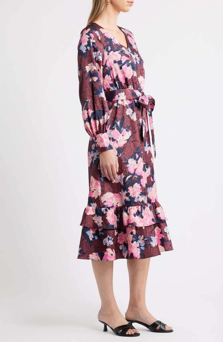 Caslon<sup>®</sup> Ruffle Tie Waist Long Sleeve Midi Dress, Alternate, color, Burgundy- Blue Georgia Blooms