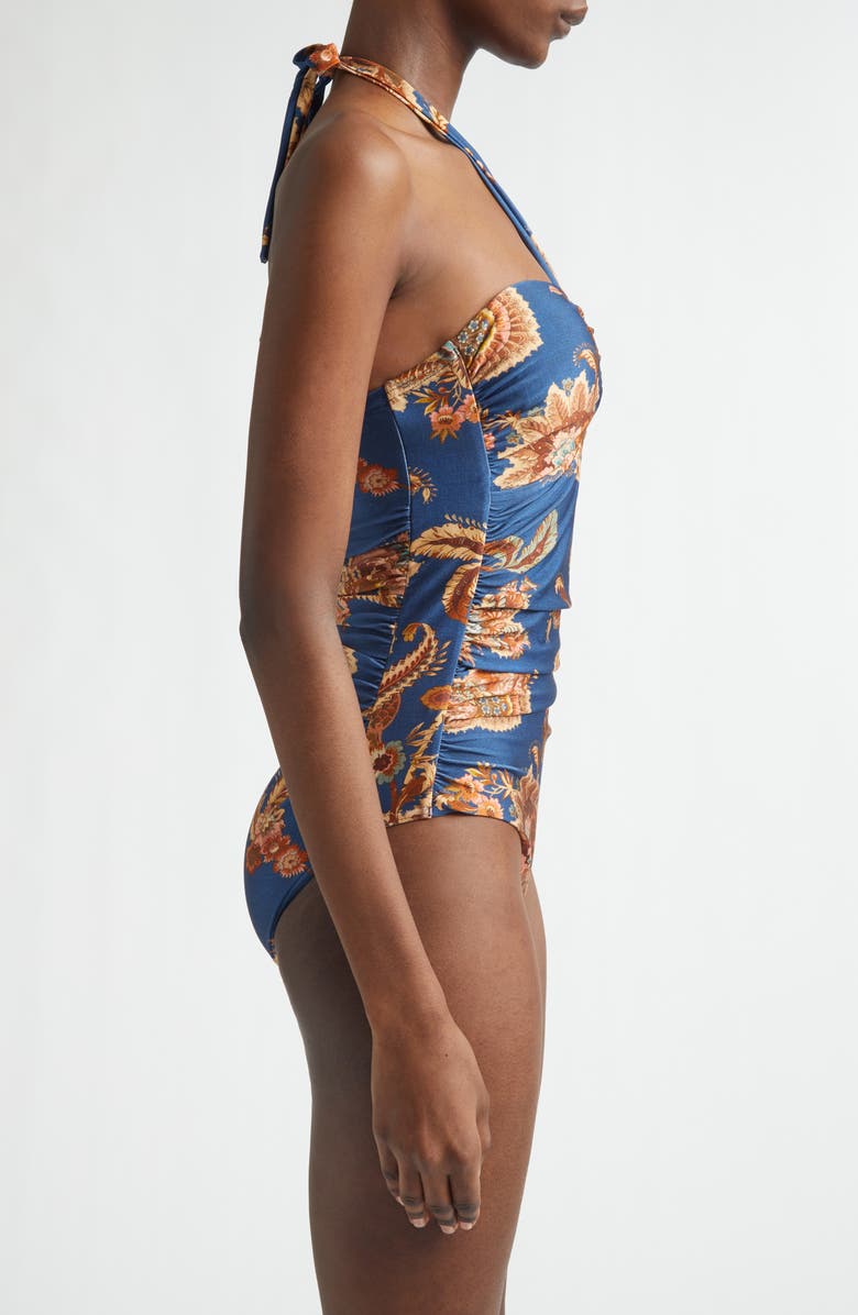 Zimmermann Aster Wide Link One-Piece Halter Swimsuit, Alternate, color, Navy Jacobean