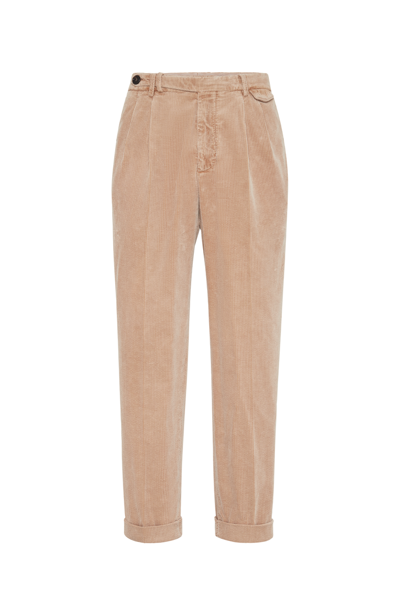 Brunello Cucinelli Garment-dyed leisure fit trousers in cotton corduroy with double pleats and tabbed waistband, Main, color, 