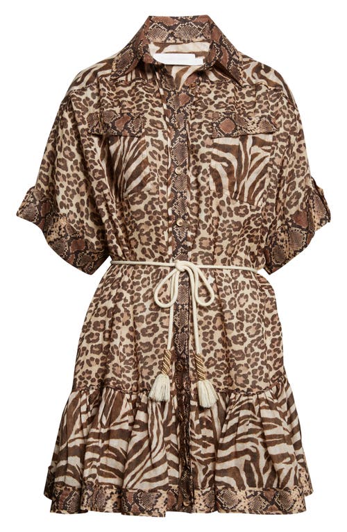 Zimmermann Wanderlust Lantern Belted Printed Cotton Mini Dress In Brown