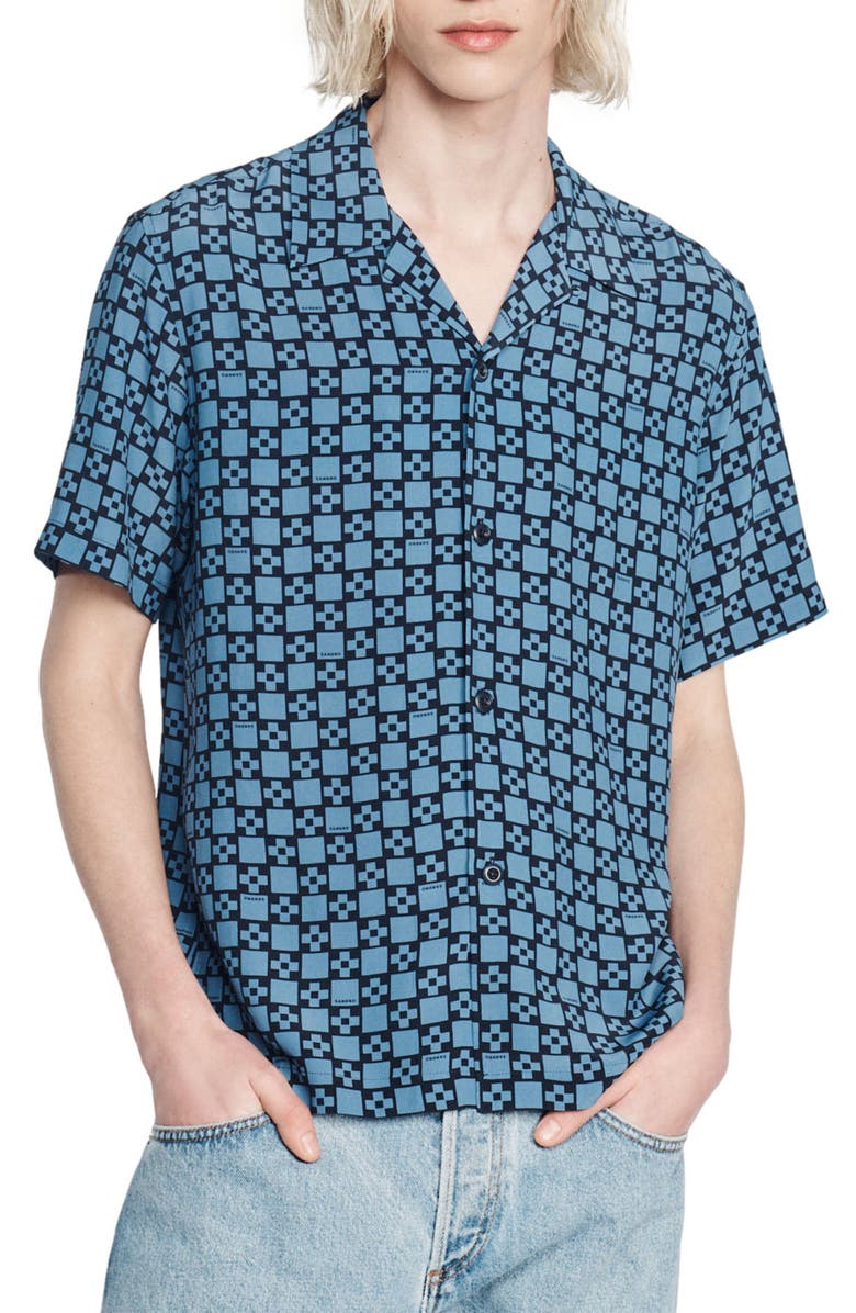 SANDRO Cross Geo Print Short Sleeve Button-Up Camp Shirt, Main, color, 
