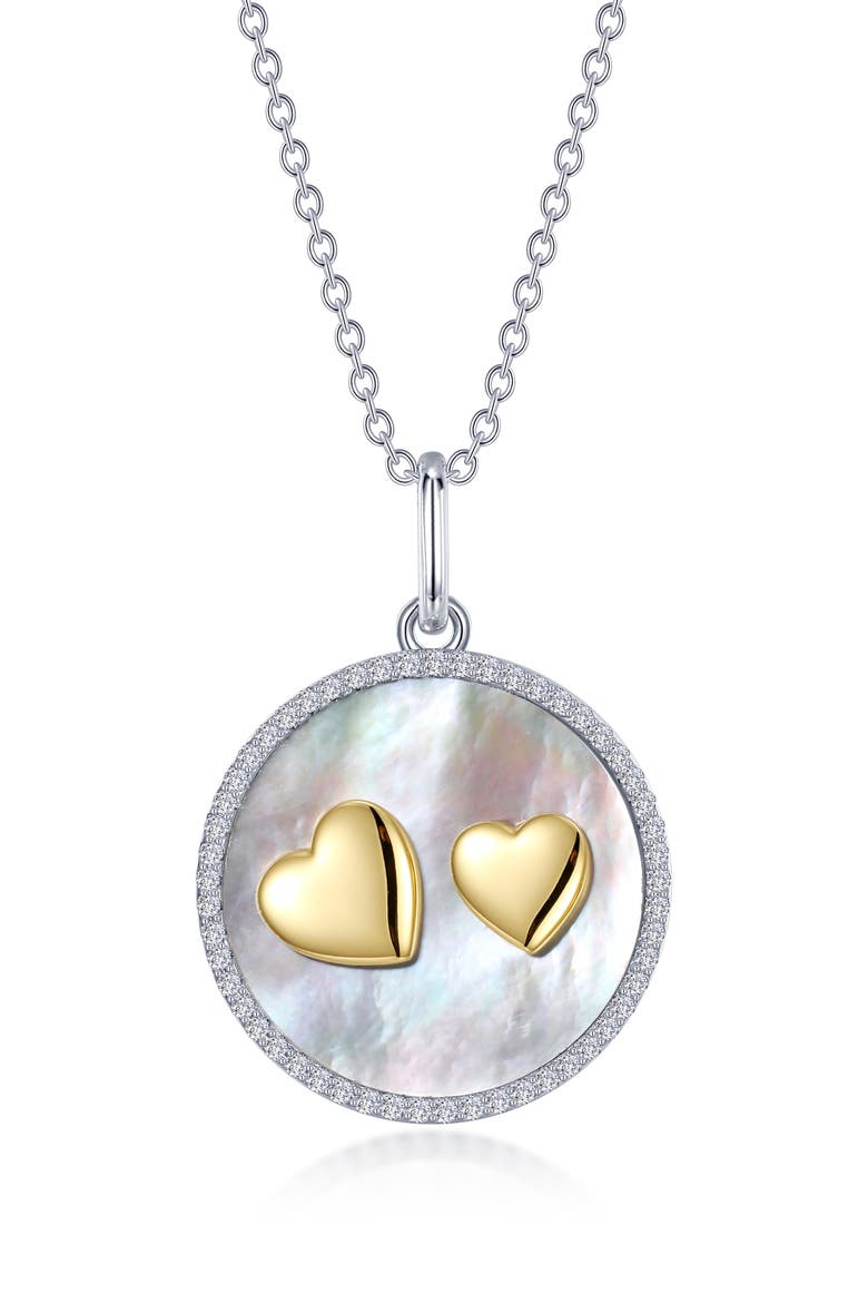 Simulated Diamond Mother-of-Pearl Double Heart Pendant Necklace, Main, color, SILVER/ MOP