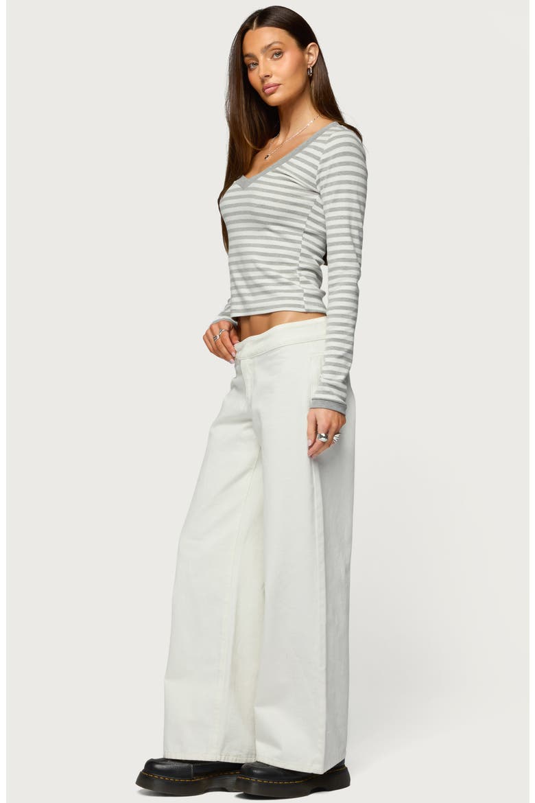 Kimi Stripe V-Neck Long Sleeve Crop Top, Alternate, color, GRAY-AND-WHITE