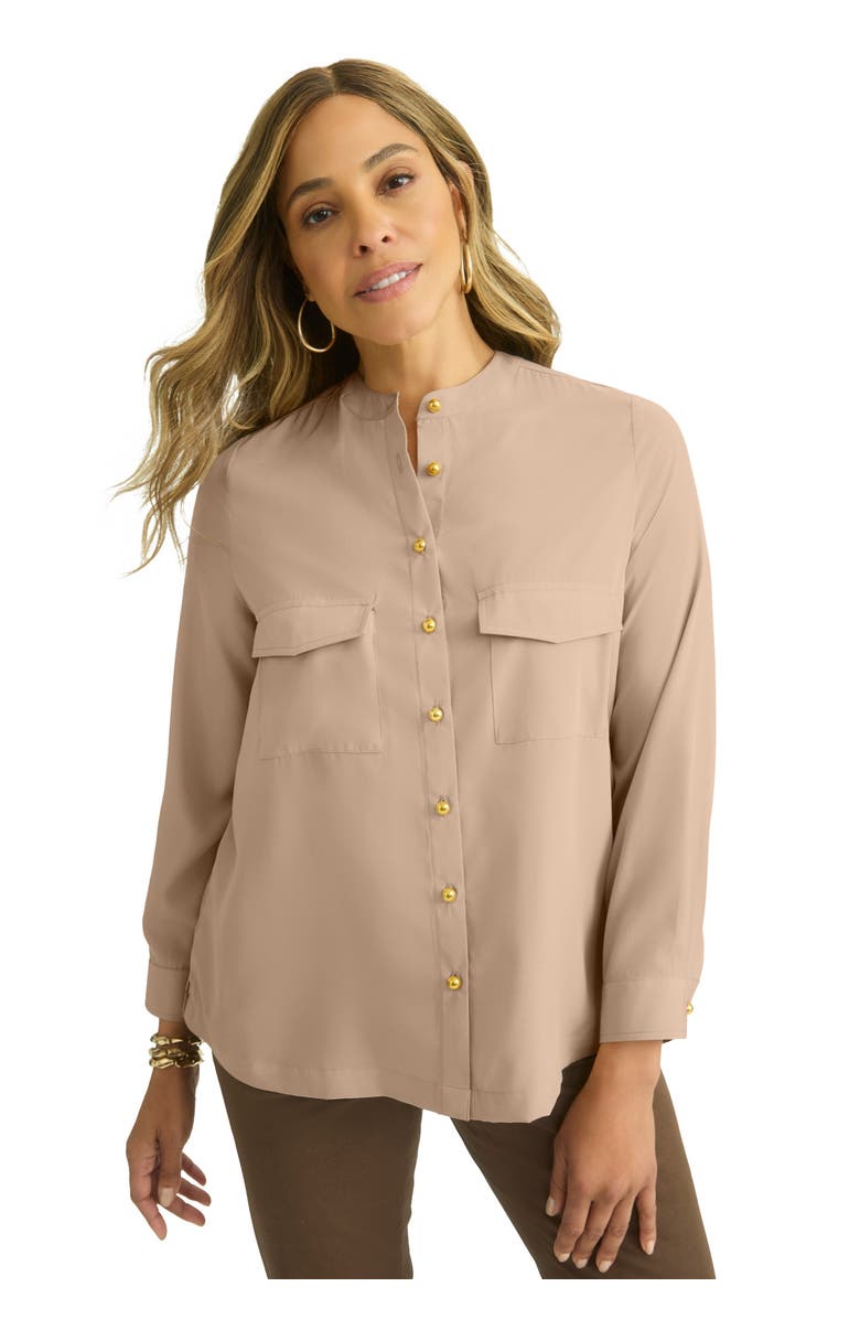 Jessica London Button-Front Chest Pocket Blouse, Main, color, New Khaki