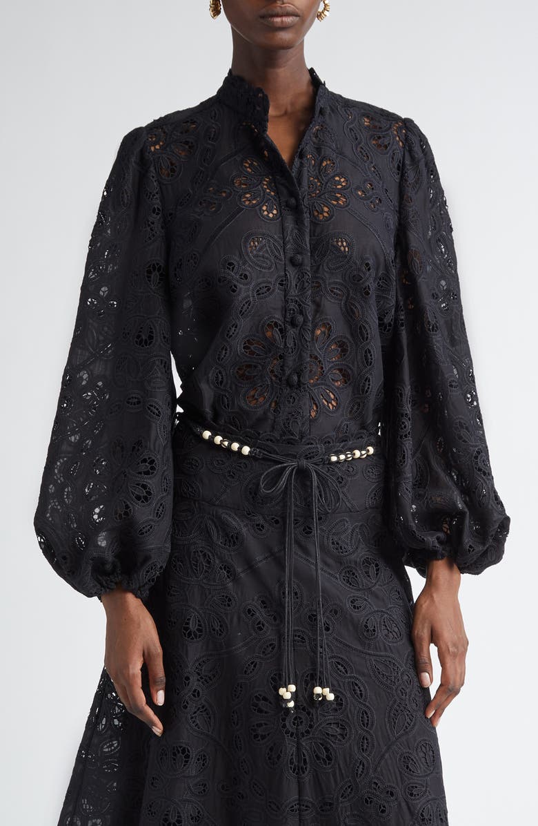 Zimmermann Rhiannon Guipure Lace Trim Cotton Shirt, Main, color, Black
