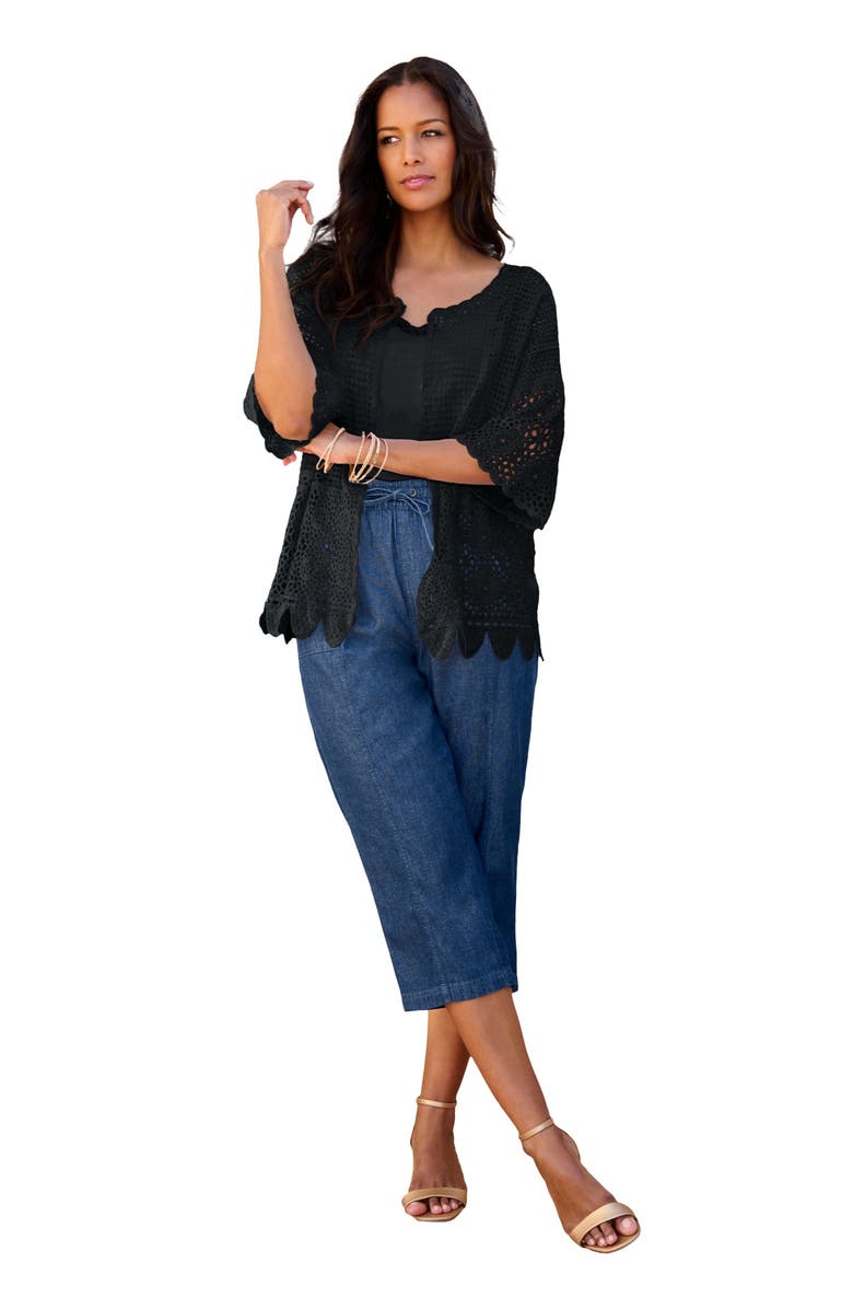 Roaman's Plus Size Scallop Trim Crochet Cardigan, Main, color, Black