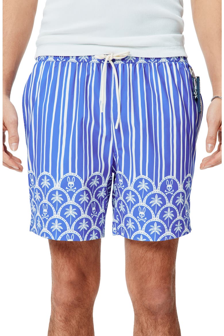 Brad Palm Tree & Bunny Print 6-Inch Swim Trunks, Main, color, AMPARO BLUE