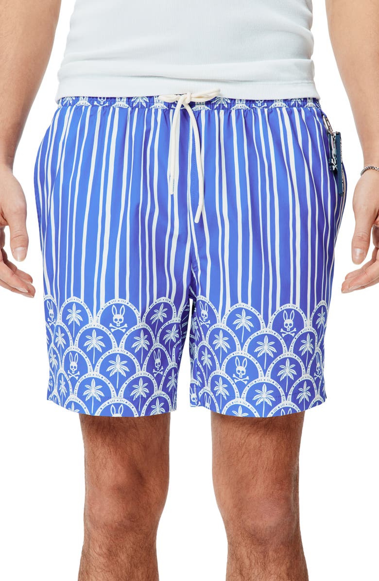 Psycho Bunny Brad Palm Tree & Bunny Print 6-Inch Swim Trunks, Main, color, 