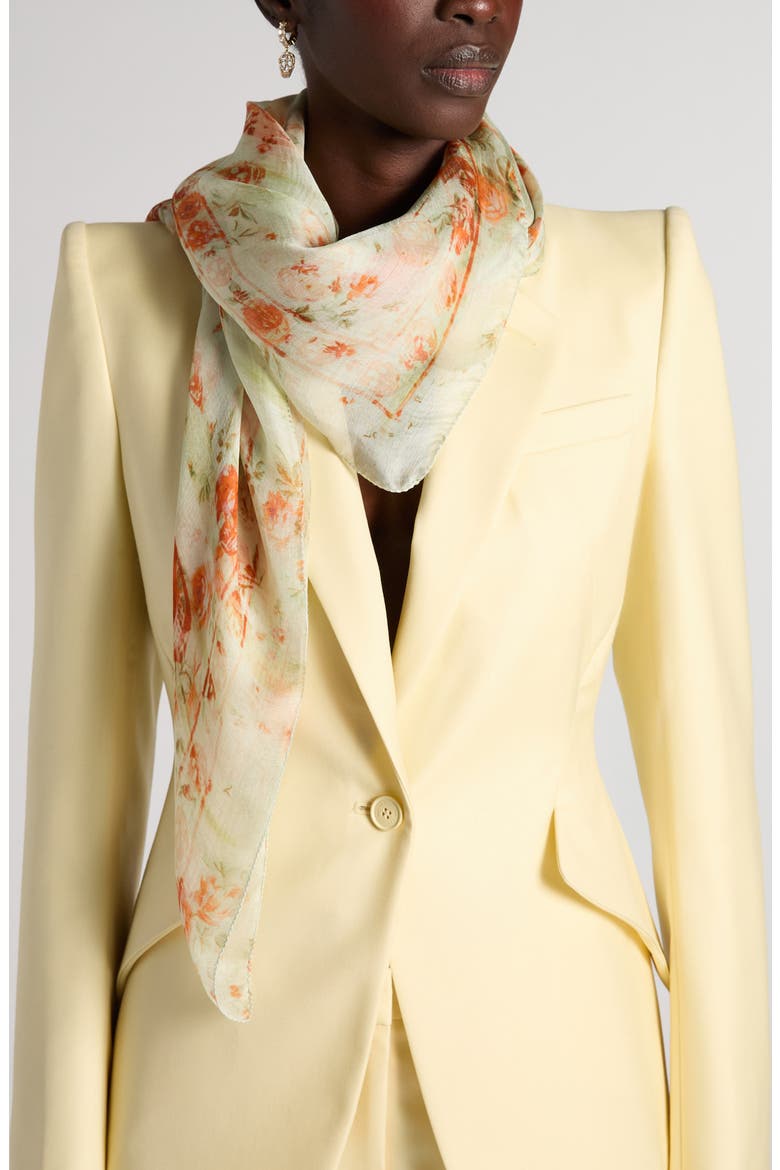 Floral & Skull Print Silk Scarf, Alternate, color, ACQUA