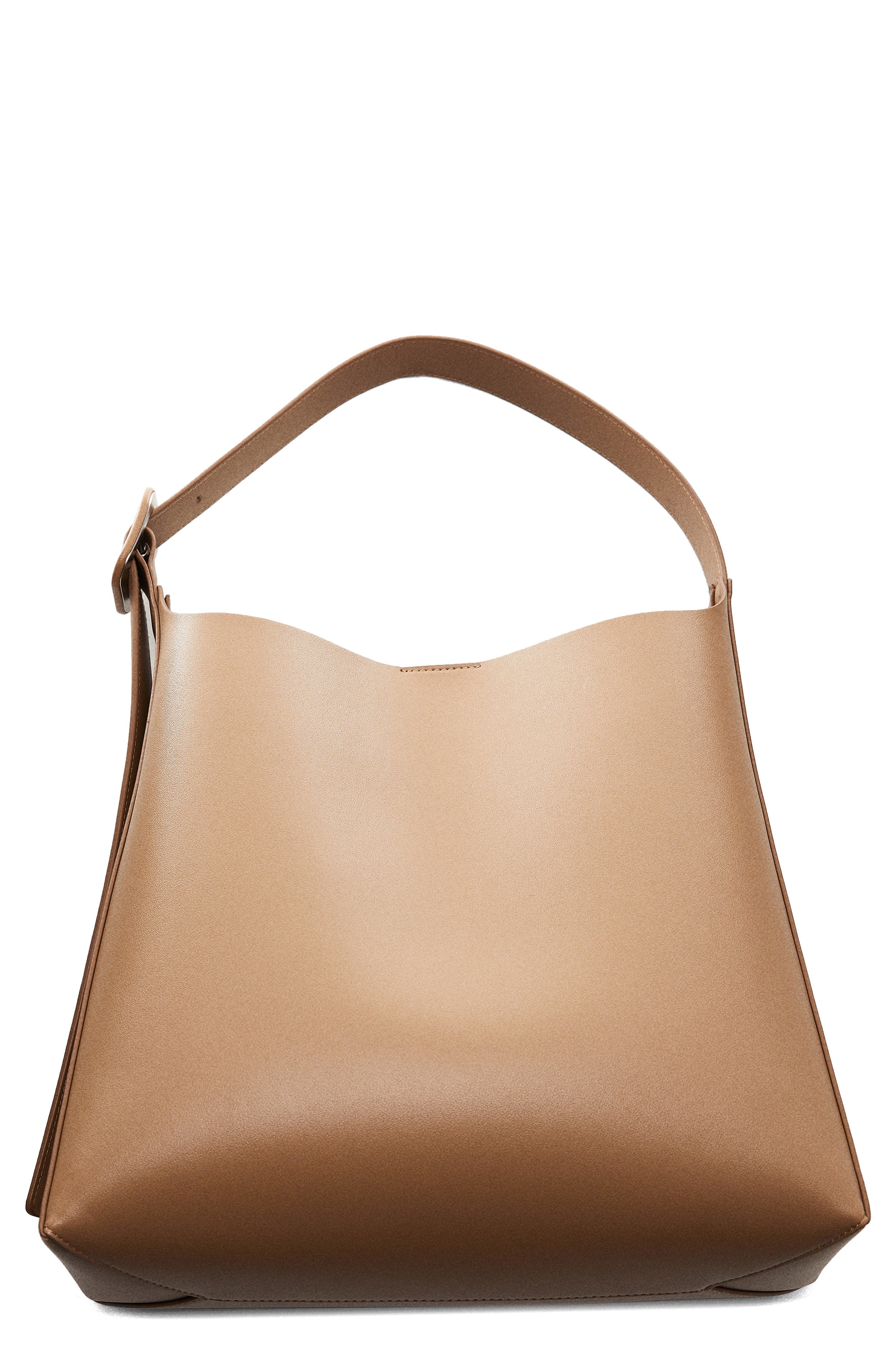 MANGO Buckle Detail Faux Leather Shopper, Main, color, Coffee
