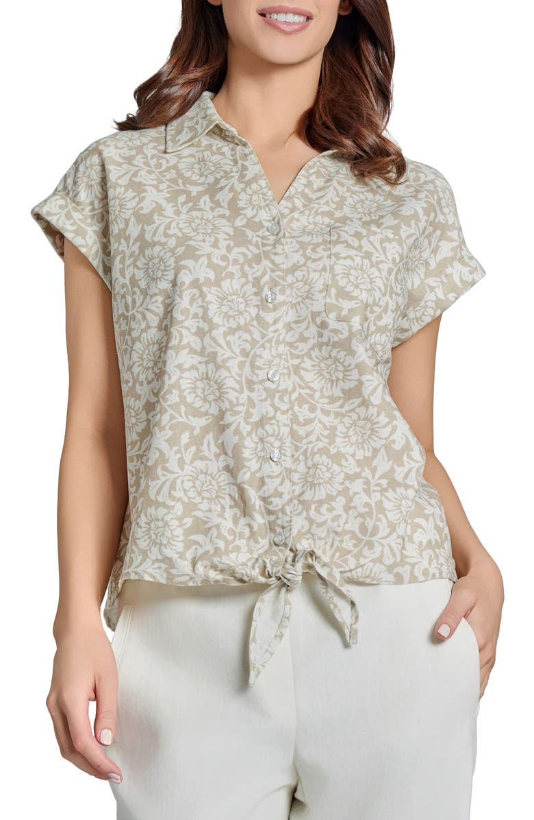 Jones New York Floral Tie Hem Linen Blend Shirt, Main, color, 