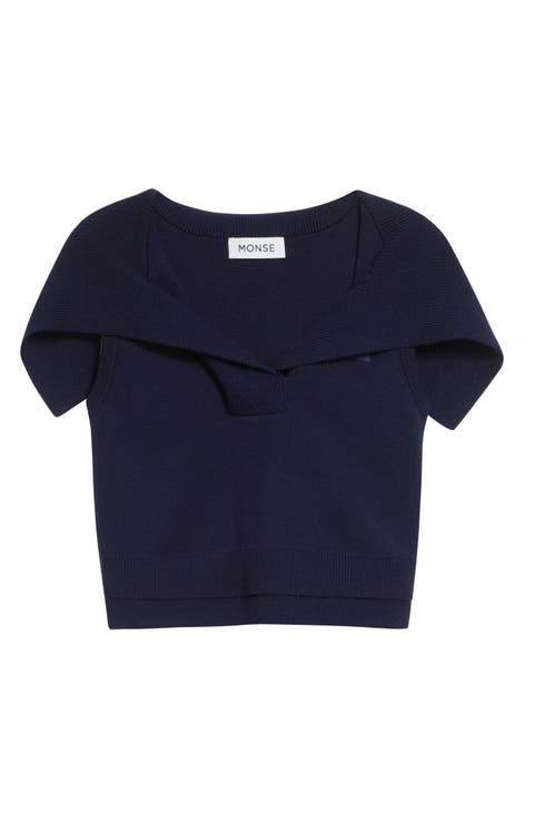 Crop Sailor Collar Merino Wool Sweater