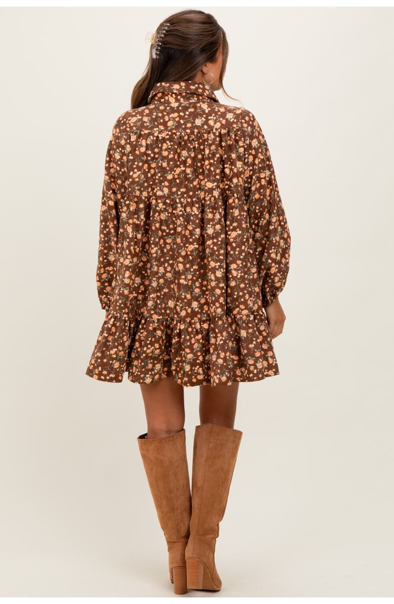PinkBlush Floral Print Shirring Half Buttoned Shirt Dress, Alternate, color, Brown