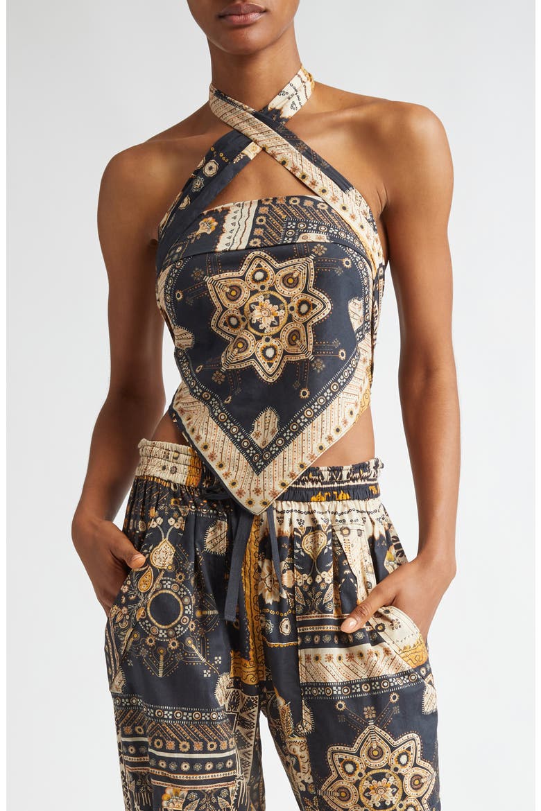 Feyza Convertible Mixed Print Cotton Halter Top, Main, color, BLACK / OCHRE