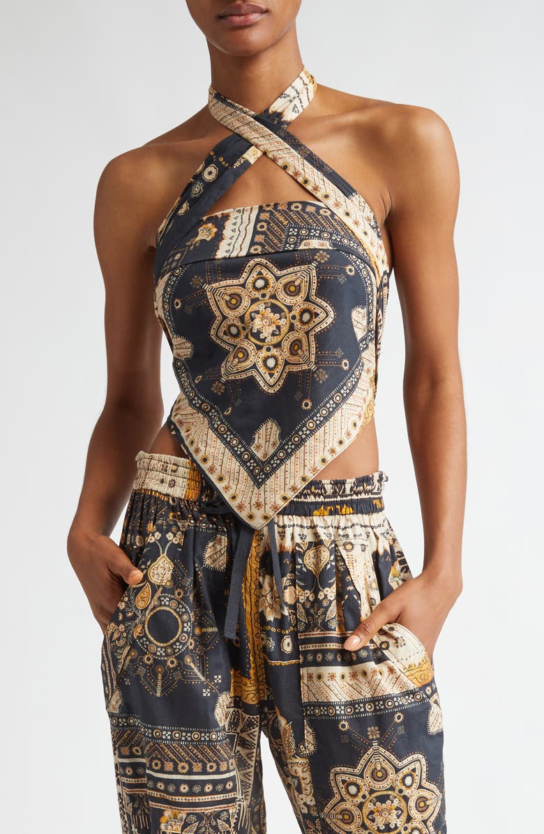 Isabel Marant Étoile Feyza Convertible Mixed Print Cotton Halter Top, Main, color, Black / Ochre