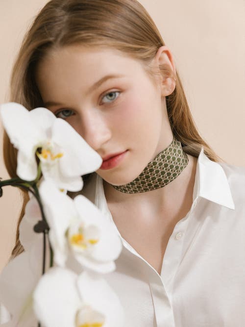 Lost Pattern Nyc "floral Houndstooth" Silk Skinny Scarf In Green