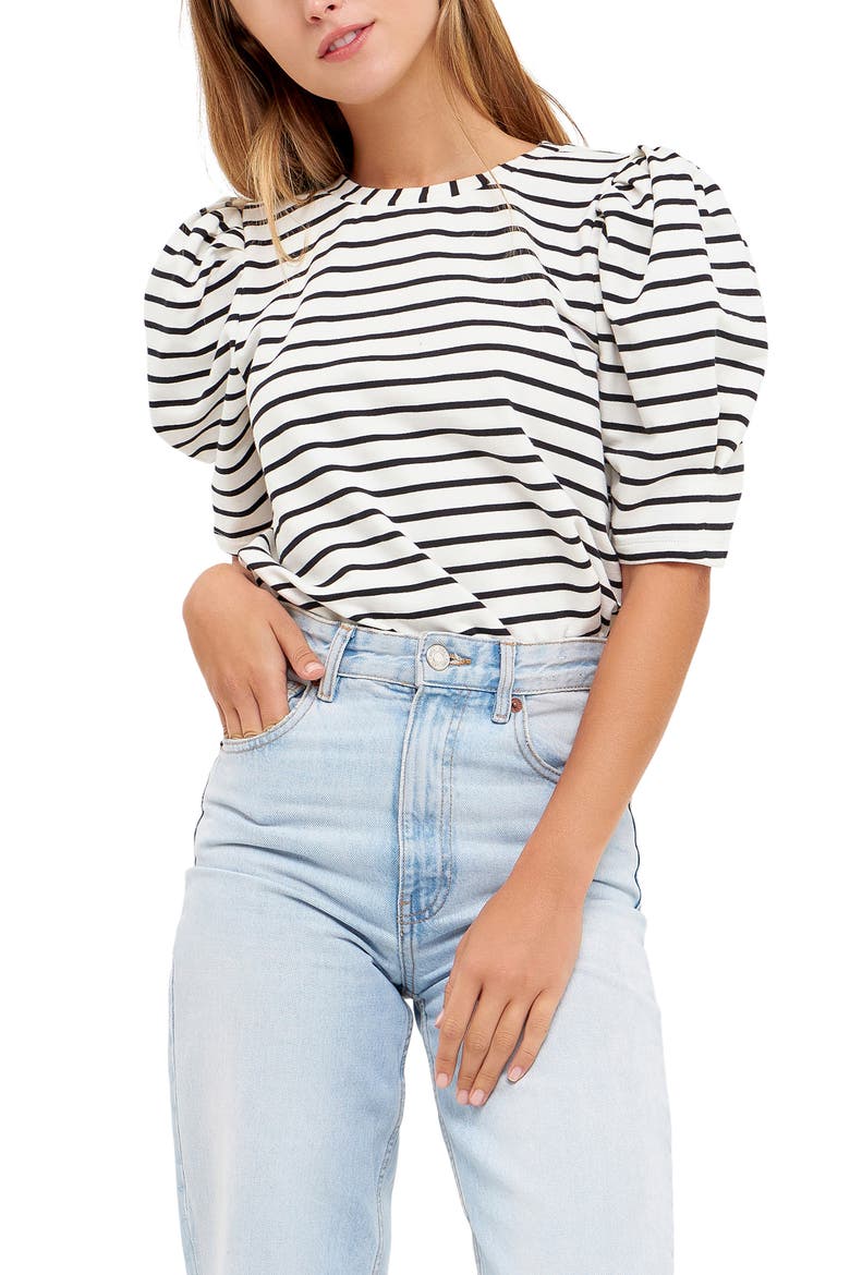 Stripe Puff Sleeve Top, Alternate, color, WHITE/ BLACK