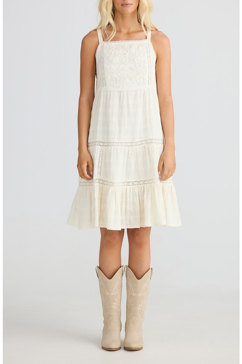 Aurora Floral Embroidered Lace Trim Tiered Midi Dress, Main, color, OFF WHITE