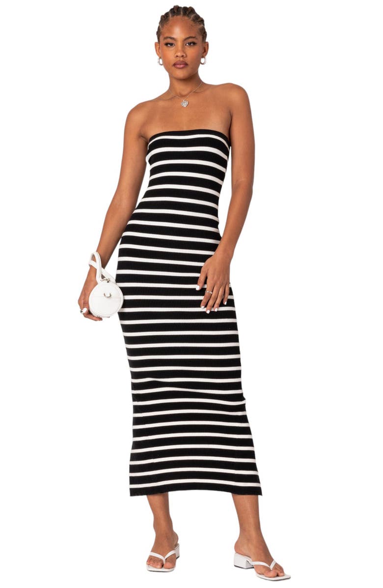 EDIKTED Stripe Strapless Maxi Dress, Alternate, color, Black-And-White