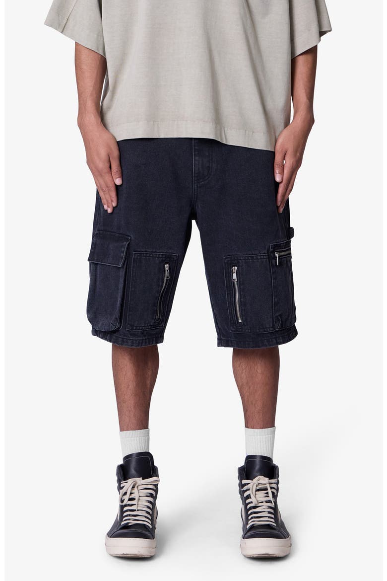 Baggy Zipper Denim Cargo Shorts, Main, color, BLACK