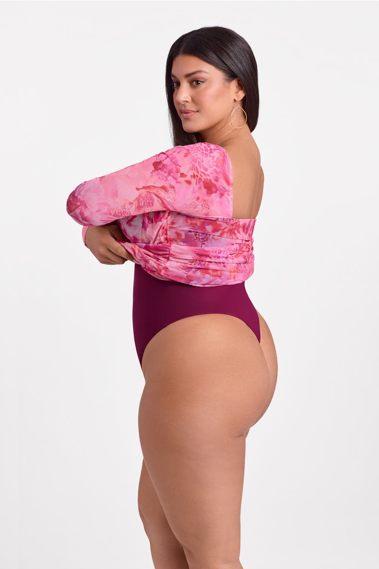Sculpting Shapewear Shirred Mesh Sweetheart Long Sleeve Mini Dress, Alternate, color, Wild Romance