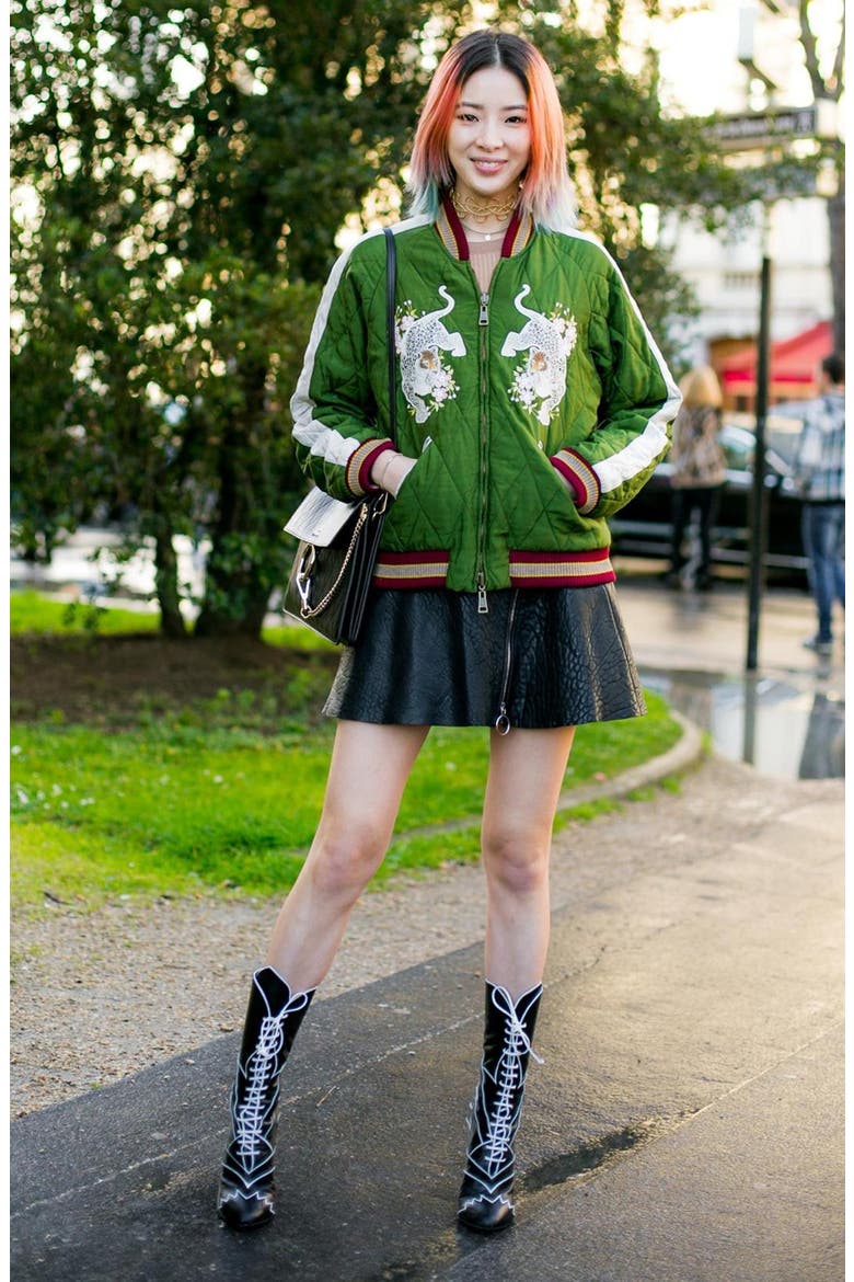 Reversible Embroidered Tech Satin Bomber Jacket, Alternate, color, DEEP GREEN