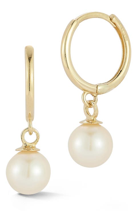 14K Yellow Gold Cultured Pearl Drop Huggie Hoop Earrings