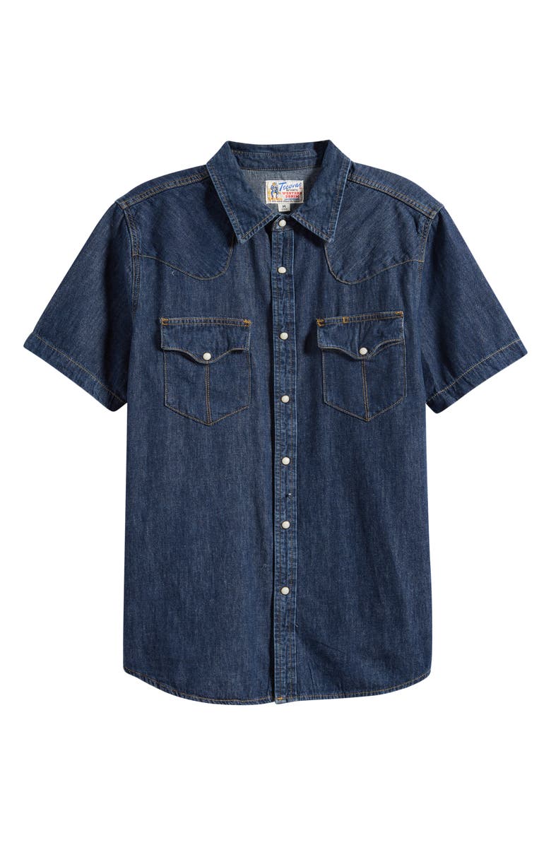 Tecovas Short Sleeve Denim Snap-Up Shirt, Main, color, Dark Wash