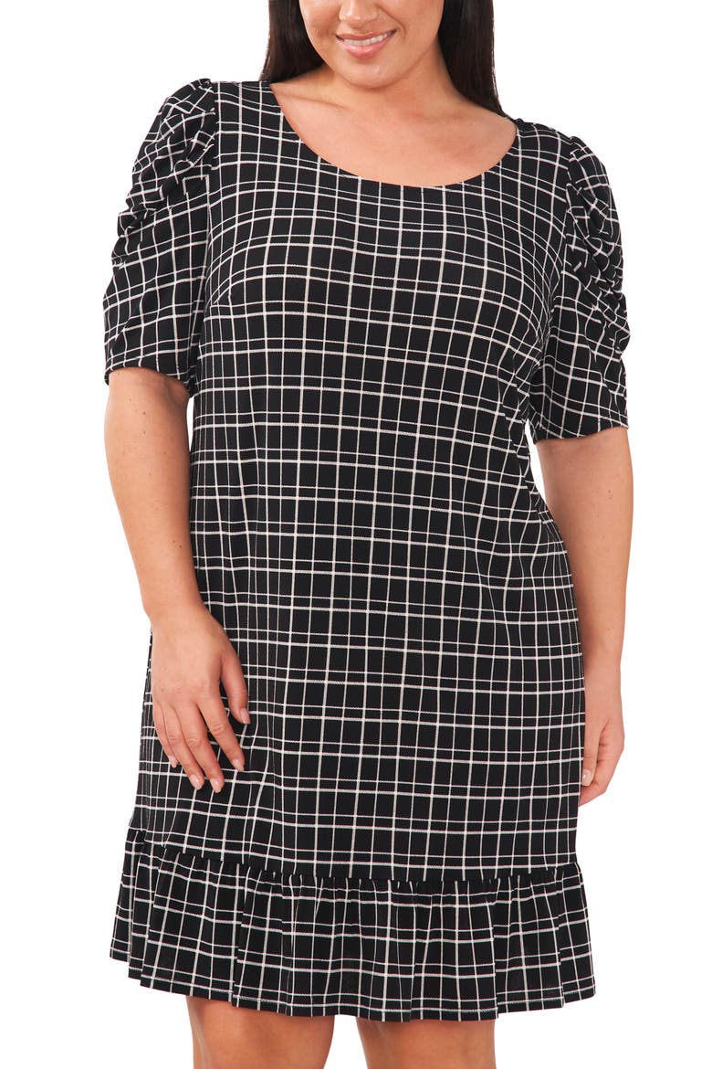 Puff Sleeve Check Ruffle Dress, Alternate, color, RICH BLACK