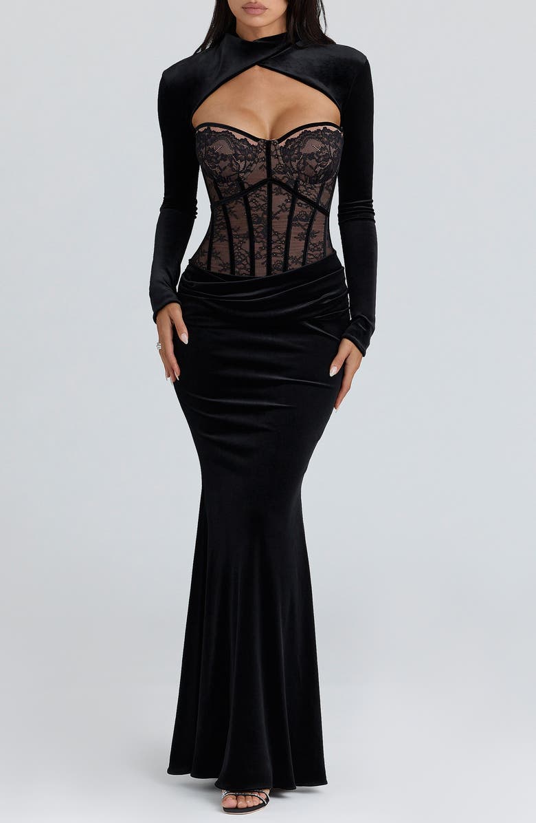 HOUSE OF CB Ayana Strapless Lace & Velvet Mermaid Gown & Bolero Set, Main, color, Black